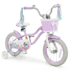 14 Inch Girls Bike with Basket, Ribbons and Mudguards, Mermaid Theme, Lilac