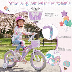 14 Inch Girls Bike with Basket, Ribbons and Mudguards, Mermaid Theme, Lilac