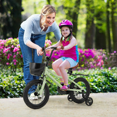 14 Inch Kids Bike with Basket, Bell and Detachable Training Wheels, Green