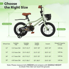 14 Inch Kids Bike with Basket, Bell and Detachable Training Wheels, Green