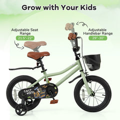 14 Inch Kids Bike with Basket, Bell and Detachable Training Wheels, Green
