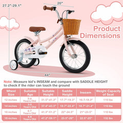 14 Inch Retro Kids Bike with Wicker Basket and Training Wheels, Pink