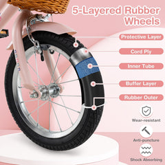 14 Inch Retro Kids Bike with Wicker Basket and Training Wheels, Pink