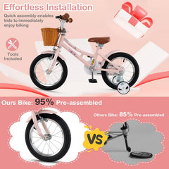 14 Inch Retro Kids Bike with Wicker Basket and Training Wheels, Pink