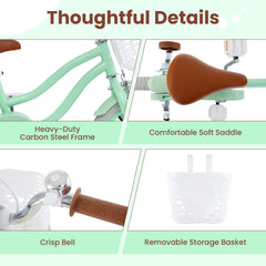 14 Inch Kids Bike with Training Wheels, Basket and Bell for Ages 3 to 5, Mint Green
