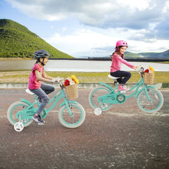 14 Inch Kids Bike with Wicker Basket and Removable Training Wheels, Green