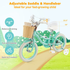 14 Inch Kids Bike with Wicker Basket and Removable Training Wheels, Green