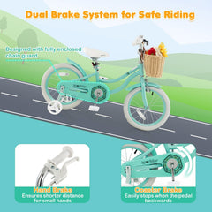 14 Inch Kids Bike with Wicker Basket and Removable Training Wheels, Green