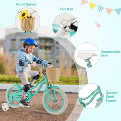 14 Inch Kids Bike with Wicker Basket and Removable Training Wheels, Green