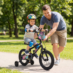 14 Inch Kids Bike with Training Wheels and Number Plate, Black