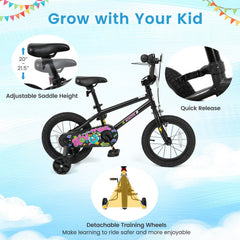 14 Inch Kids Bike with Training Wheels and Number Plate, Black