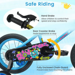 14 Inch Kids Bike with Training Wheels and Number Plate, Blue
