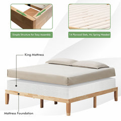 14 Inch King Size Wood Platform Bed Frame with 14 Bar Slat Support, Natural