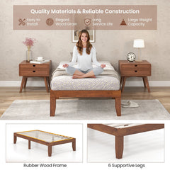 14 Inch Twin Size Rubberwood Platform Bed Frame with 14 Slats and 250 lb Capacity, Walnut