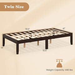 14 Inch Twin Wood Platform Bed Frame with 12 Plywood Slats and Adjustable Foot Pads, Espresso
