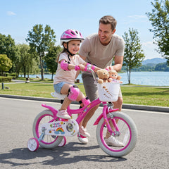 14 Inch Girls Bike with Basket, Bell and Training Wheels, Pink