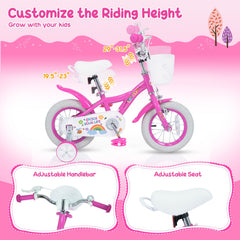 14 Inch Girls Bike with Basket, Bell and Training Wheels, Pink