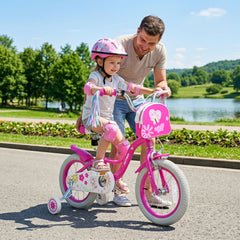 14 Inch Girls Bike with Front Bag, Streamers and Training Wheels, Pink