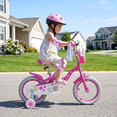 14 Inch Girls Bike with Front Bag, Streamers and Training Wheels, Pink