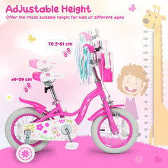 14 Inch Girls Bike with Front Bag, Streamers and Training Wheels, Pink