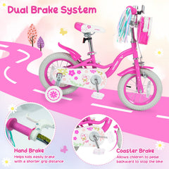 14 Inch Girls Bike with Front Bag, Streamers and Training Wheels, Pink
