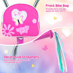 14 Inch Girls Bike with Front Bag, Streamers and Training Wheels, Pink