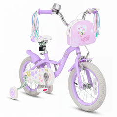14 Inch Girls Bike with Front Bag, Streamers and Training Wheels, Purple