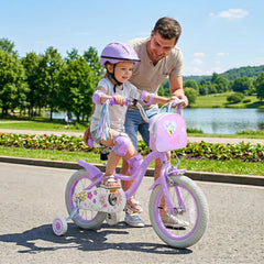 14 Inch Girls Bike with Front Bag, Streamers and Training Wheels, Purple