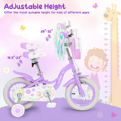 14 Inch Girls Bike with Front Bag, Streamers and Training Wheels, Purple