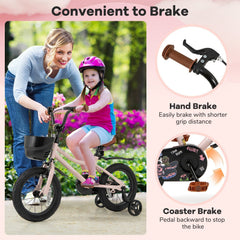 14 Inch Kids Bike with Basket, Bell and Detachable Training Wheels, Pink