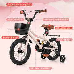 14 Inch Kids Bike with Basket, Bell and Detachable Training Wheels, Pink