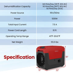 140 Pint Commercial Dehumidifier with Pump and 16.5 ft Hose, Auto Defrost, 55.5 lb, Red and Black
