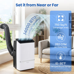 14000 BTU WiFi Portable Air Conditioner with Dehumidifier and 24H Timer, 750 sq ft, Black