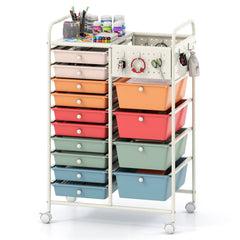 14-Drawer Rolling Storage Cart with Metal Tabletop and Pegboard-Macaron