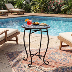 14 inches Floral Clover/Blooming Lotus/Bright Sunflower Mosaic Patio Accent Coffee End Table-White