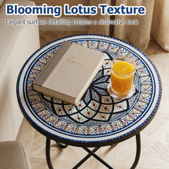 14 inches Floral Clover/Blooming Lotus/Bright Sunflower Mosaic Patio Accent Coffee End Table-White