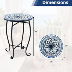 14 inches Floral Clover/Blooming Lotus/Bright Sunflower Mosaic Patio Accent Coffee End Table-White