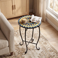 14 inches Floral Clover/Blooming Lotus/Bright Sunflower Mosaic Patio Accent Coffee End Table-Yellow