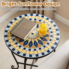14 inches Floral Clover/Blooming Lotus/Bright Sunflower Mosaic Patio Accent Coffee End Table-Yellow
