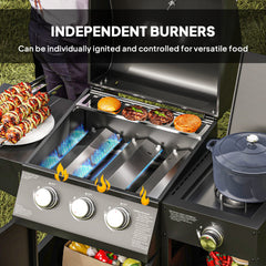 3 Burner Gas Grill with Side Burner, 9.5 KW Propane BBQ Grill, Cabinet Style with Shelves, Wheels, Instant Ignition