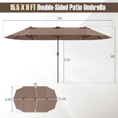 15.5 FT Extra-Large Patio Umbrella with LED Solar Lights and Crank Handle-Brown