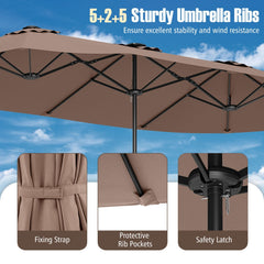 15.5 FT Extra-Large Patio Umbrella with LED Solar Lights and Crank Handle-Brown