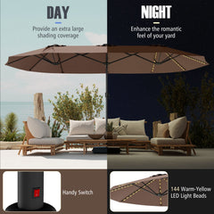 15.5 FT Extra-Large Patio Umbrella with LED Solar Lights and Crank Handle-Brown