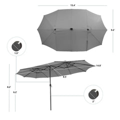 15 Feet Twin Patio Umbrella with 48 Solar LED Lights-Gray