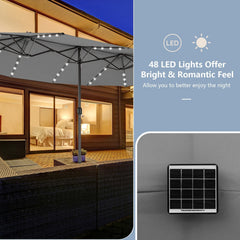 15 Feet Twin Patio Umbrella with 48 Solar LED Lights-Gray