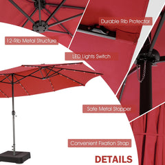 15 Feet Twin Patio Umbrella with 48 Solar LED Lights-Wine