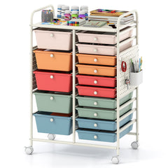 15-Drawer Rolling Storage Cart with Metal Tabletop and Pegboard-Macaron