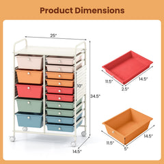 15-Drawer Rolling Storage Cart with Metal Tabletop and Pegboard-Macaron