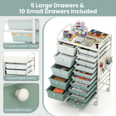 15-Drawer Rolling Storage Cart with Metal Tabletop and Pegboard-Green