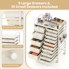 15-Drawer Rolling Storage Cart with Metal Tabletop and Pegboard-White